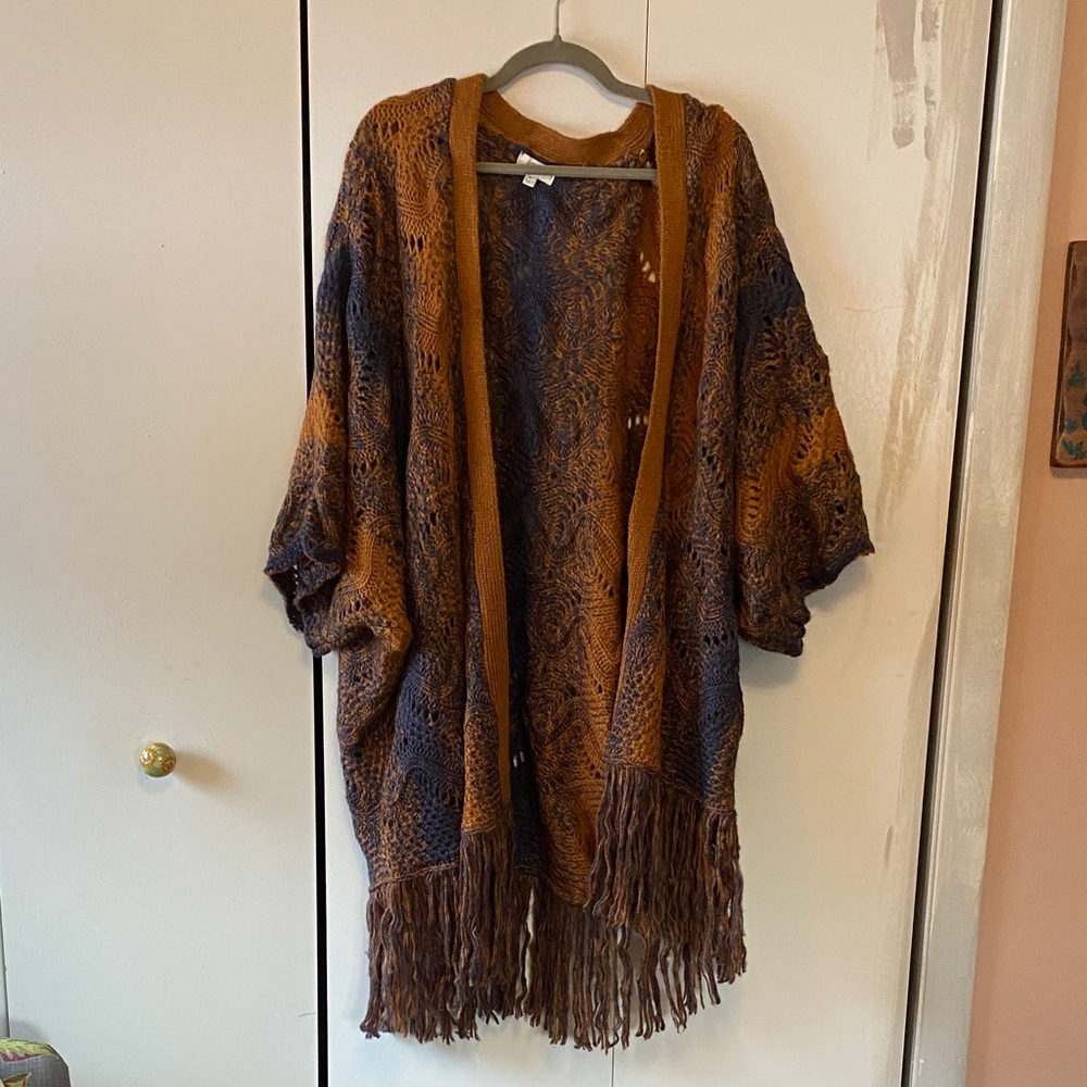 Umgee Fringe Knit Kimono / Cardigan in Blue and Brown